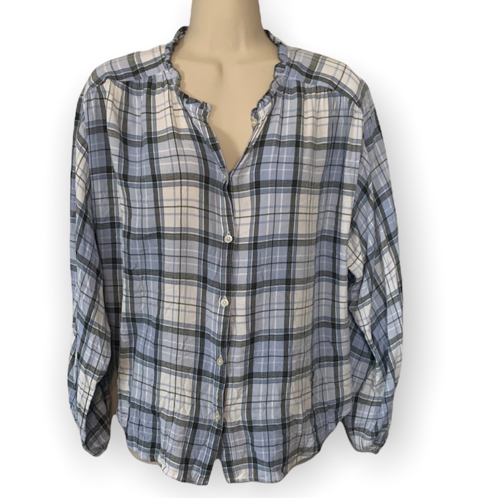 LOFT Blue/Gray Plaid Button Top  Sz M
